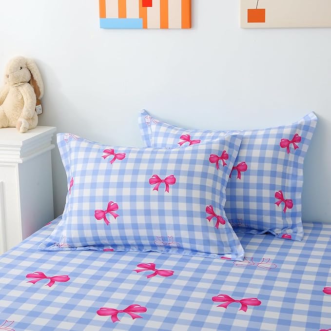 Wajade Bow Comforter Set 7 Piece Blue White Plaid Comforter Sets for Girls Kids Queen Size Checkered Bedding Set with Sheet and 2 Pillowcases 2 Pillow Shams Cute Girls Bed in a Bag as Birthday Choice