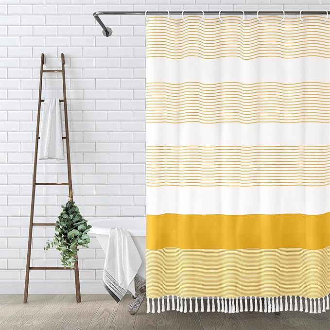 Awellife Boho Yellow Shower Curtain for Bathroom Farmhouse Cotton Stripe Tassel Shower Curtain Natural Texture 72" L x 54" W