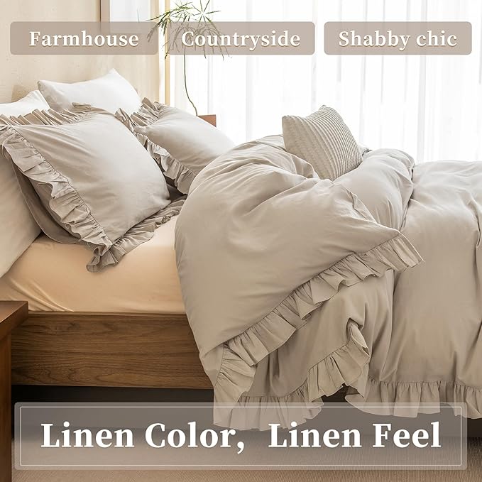 QSH Washed Cotton Queen Duvet Cover Set Ruffle Duvet Cover Linen Textured Farmhouse Shabby Vintage Chic Bedding Comforter Cover 3 PCs Aesthetic French Country Queen Bed Set