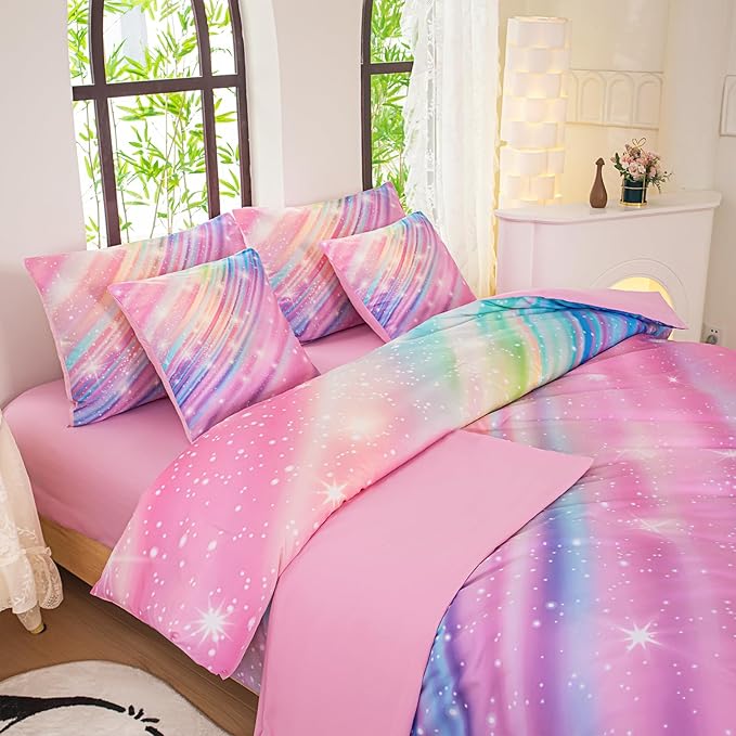 Full Comforter Set for Girls Galaxy Bedding 7pieces, Ombre Bedding Comforter Sets Rainbow Comforter, Twill Pink