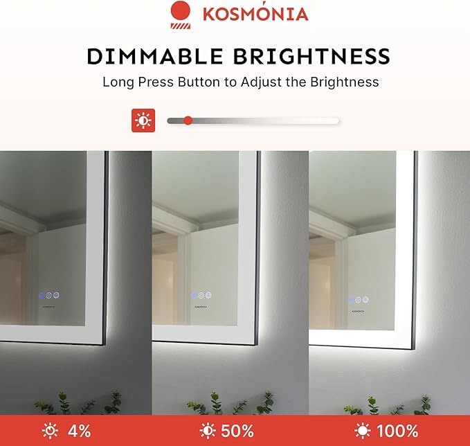 36x60'' LED Bathroom Mirror w/Light, Aluminum Frame, Dimmable Front & Backlit, Anti-Fog, Distortion Free, Light Memory, Tempered & Shatter-Proof Wall Mounted Vanity Silver Coating Mirror