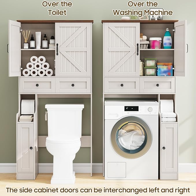Over The Toilet Storage Cabinet, Storage Cabinet Over Toilet with Double Doors & Toilet Paper Holder Stand, Freestanding Toilet Shelf Space Saver with Anti-Tip Design & Adjustable Shelf, White