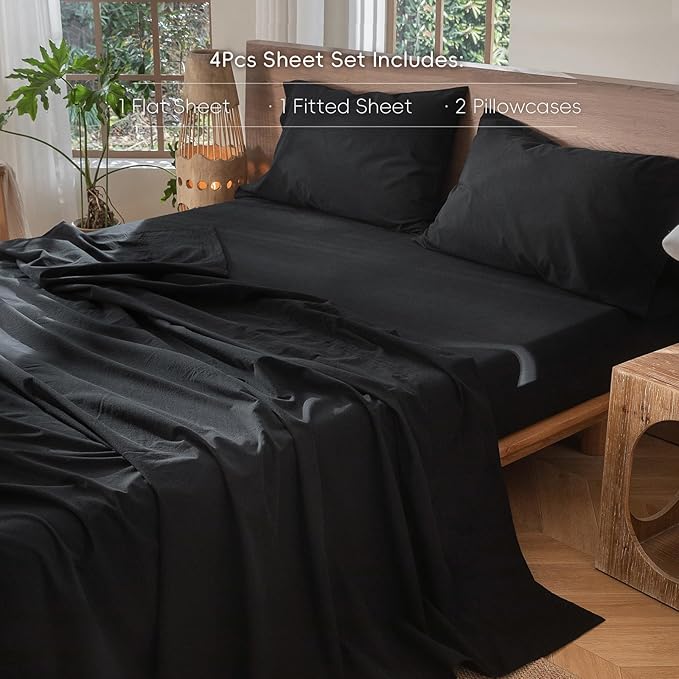 MooMee Bedding Sheet Set 100% Washed Cotton Linen Like Textured Breathable Durable Soft Comfy (Solid Black, California King)