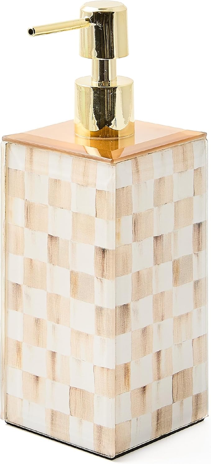 MACKENZIE-CHILDS Glass Soap Pump, Liquid Soap Dispenser, Brown-and-White Mocha Check
