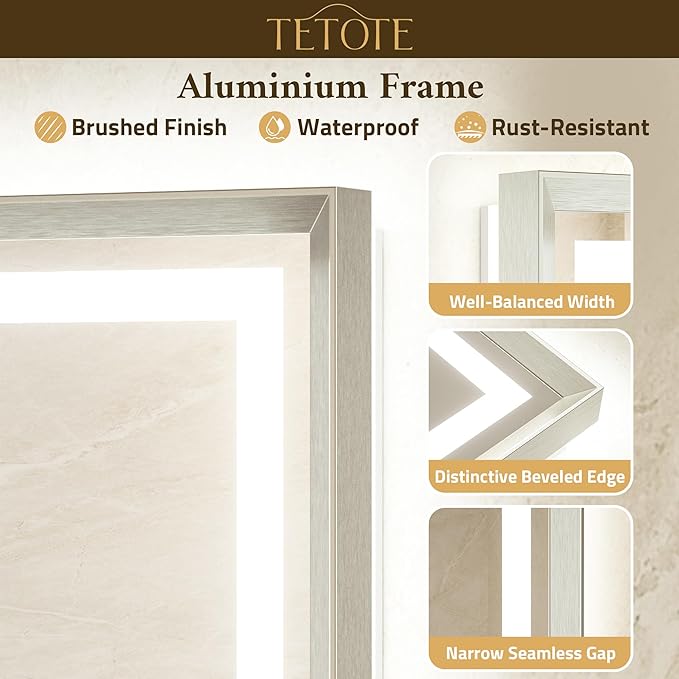 TETOTE 48 x 32 Bathroom LED Mirror Brushed Nickel Metal Frame Frontlit & Backlit Vanity Mirror Stepless Dimmable Anti-Fog 3 Colors White/Warm/Natural Lighted up Vanity Wall-Mounted