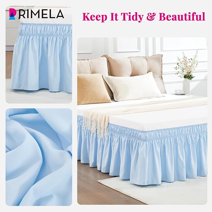 RIMELA Light Blue Bed Skirt Queen Size 15 Inch Drop, Elastic Bed Skirting for Bed Base and Frame, Bedding Dust Ruffle Easy to Install, Lightweight Wrap Around Adjustable Bedskirt