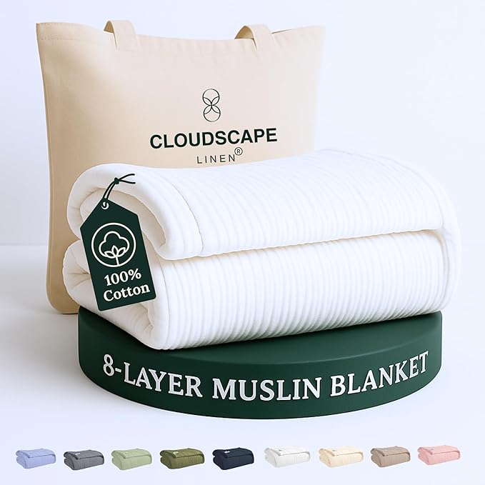 Cloud Scape Linen 100% Cotton 8 Layer Twin Size Muslin Blanket - Breatheable and Soft Winter Blanket for Bed, Couch and Sofa, Oversized Fits up to Twin XL, Best Gift Idea, 68x92, White