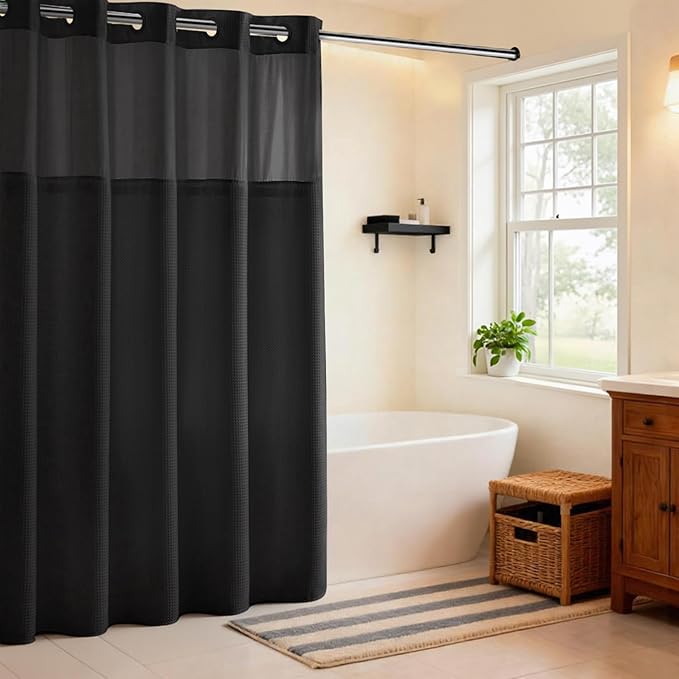 River Dream Black Shower Curain No Hooks Dotted Waffle Weave Shower Curtain with Snap in Liner - 71W x 74H,Hotel Grade,Spa Like Bath Curtain Set