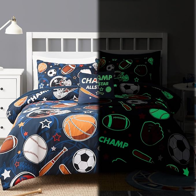 Kids Comforter Set Full Size for Boys, Glow in The Dark Ball Games Bedding Set 1 Comforter, 1 Decor Pillow, 2 Pillow Shams