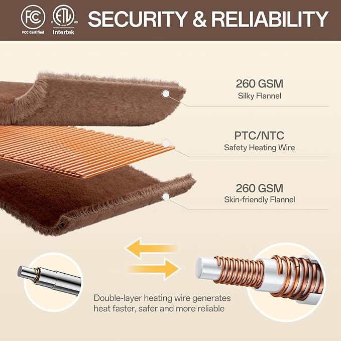 Electric Blanket King Size, Ultra Soft Flannel Heated Blanket for Full Body, Dual Control Heating Blankets with 10 Hours Automatic Shut Off, 8 Heating Levels, Washable, Double Zone, 100" x 90" Brown