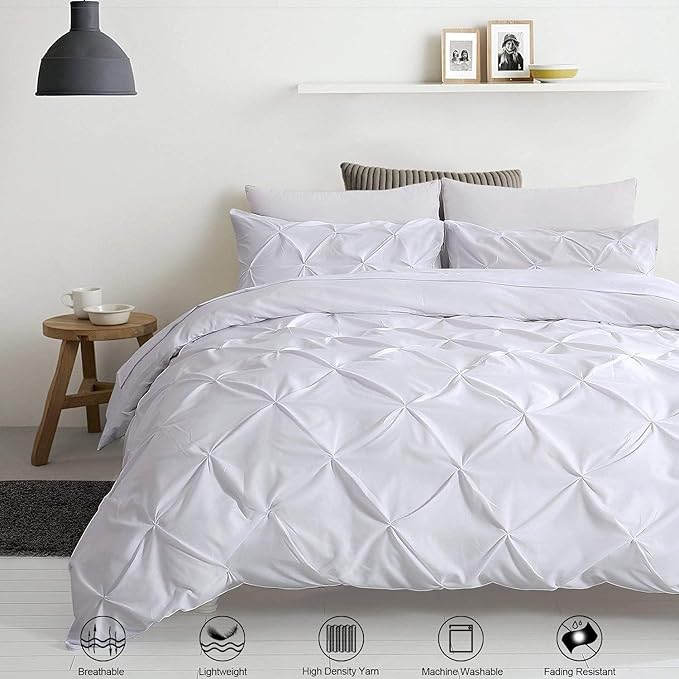 Pinch Pleated Duvet Cover Set 100% Cotton 3PC Super King Plus Size 120x120 Duvet Cover Set, Decorative Pinch Design White Duvet Cover with Matching Pillow Case