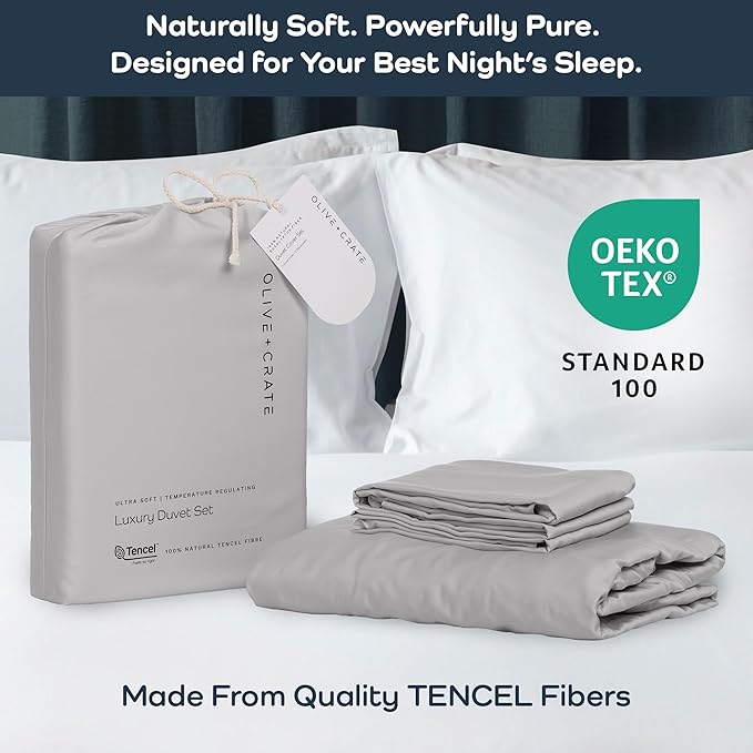 Olive + Crate Tencel Eucalyptus Cooling Duvet Cover Set - Hypoallergenic, Lyocell Tencel Duvet Cover - Soft, Temperature Regulating with Hidden Button Closure & Corner Ties - Queen Size [Gray Mist]