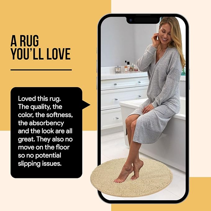 MAYSHINE Round Area Rug Set for Bathroom | Soft Plush Chenille Bath Mat, Water Absorbent Non-Slip Bathroom Rug | Washable Shag Carpet for Shower, Bedroom, or Home Décor | 36"x36" (Round) | Beige