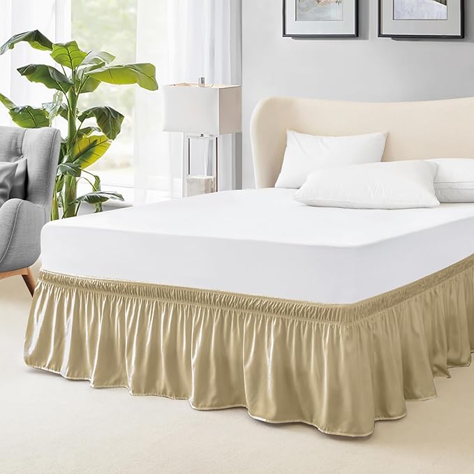 FreshCulture Queen Bed Skirt, Elastic Wrap Around Bed Skirt Queen Size, Bed Skirts for Adjustable Bed, Easy Fit with 18 Inch Drop Length, Hotel Quality Dust Ruffle for Queen Bed (Beige)