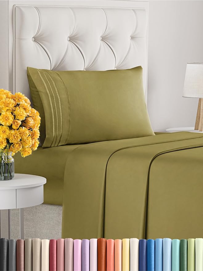 Twin XL Size 3-Piece Sheet Set - Extra Soft, Breathable & Cooling - Hotel Luxury Durable Bed Sheets for Women & Men - Deep Pockets, Easy-Fit & Wrinkle-Free - Olive Yellow Oeko-Tex