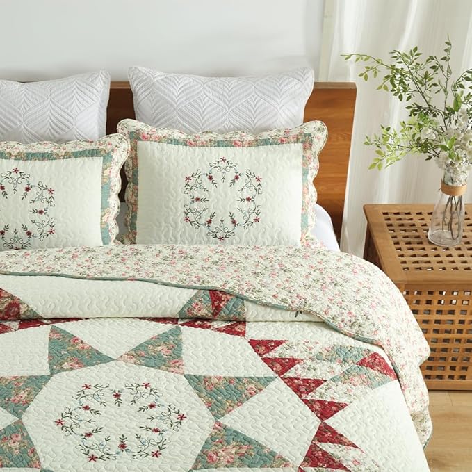 Cotton Bedspread Quilt Bedding Sets, 3 Pieces Reversible Coverlets Comforters Star with Green Floral Real Patchwork Bedspread, King Size