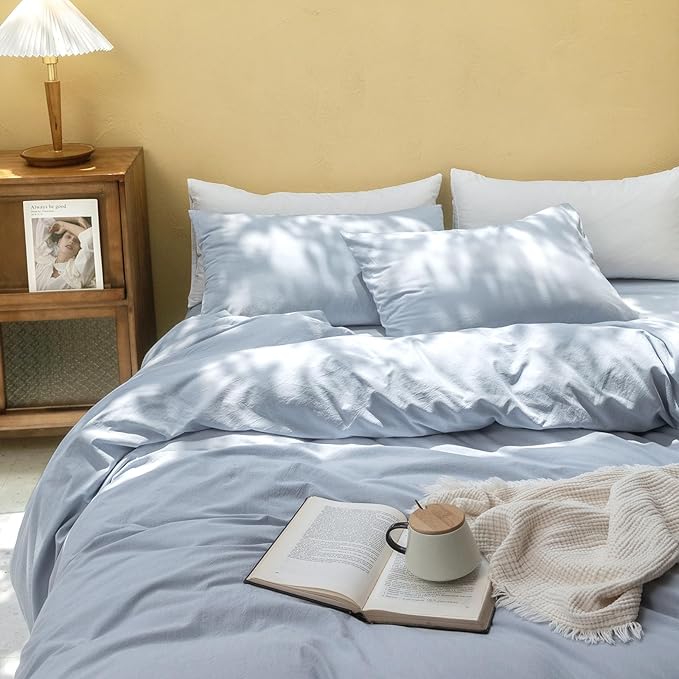 FOSSA Duvet Cover Set 100% Washed Cotton Linen Feel Super Soft Breathable Cozy 3 Pieces Bedding Sets Solid Cornflower Blue Oversized Queen