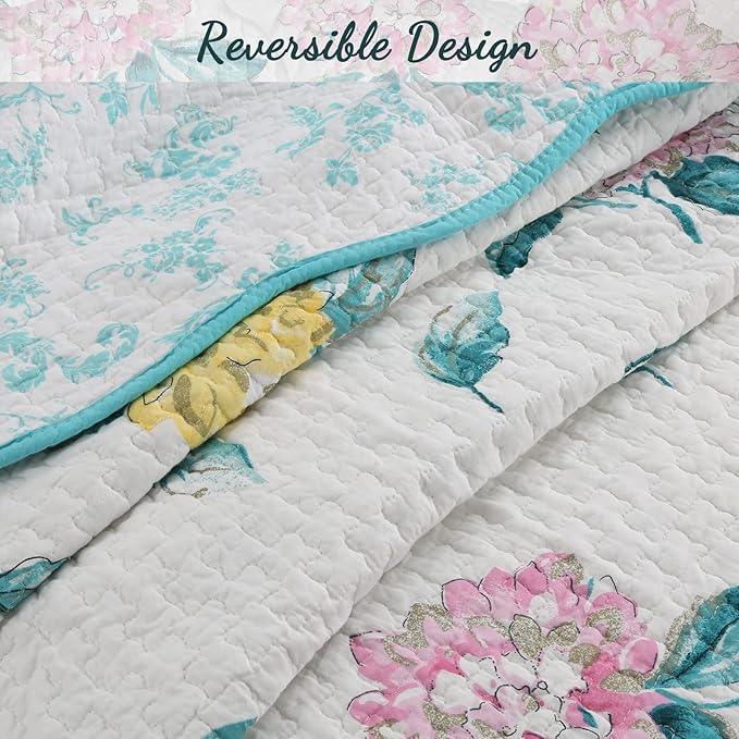 Cozy Line Home Fashions Turquoise Blue Floral Hydrangea Garden Leaf 100% Cotton Reversible Quilt Bedding Set, Coverlet, Bedspread (Valencia Bloom, Queen - 3 Piece)