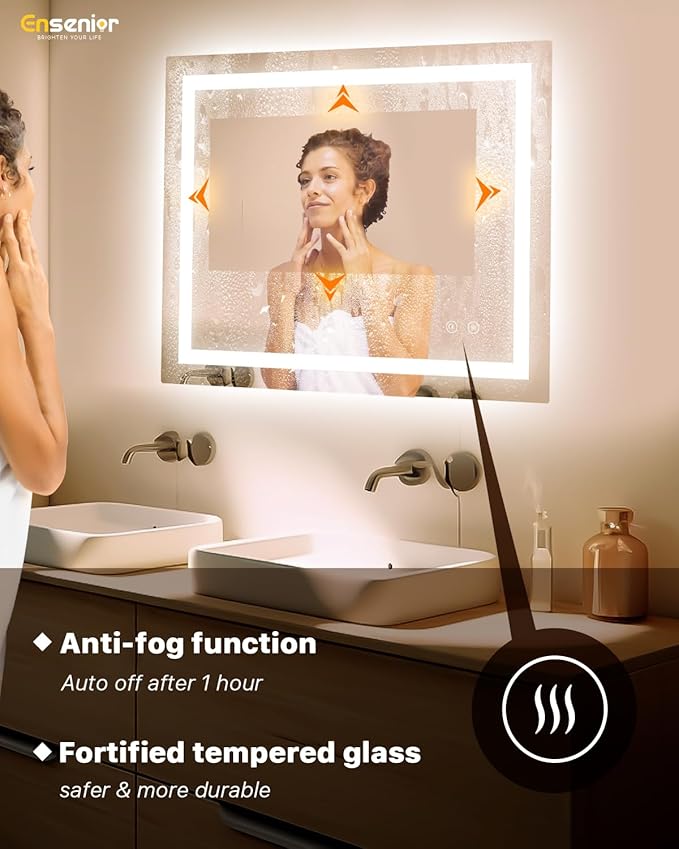 Ensenior LED Bathroom Mirror 40"x 32" with Front and Backlight, Stepless Dimmable Wall Mirrors with Anti-Fog, Shatter-Proof, Memory, 3 Colors, Modern LED Vanity Mirror-ETL & FCC