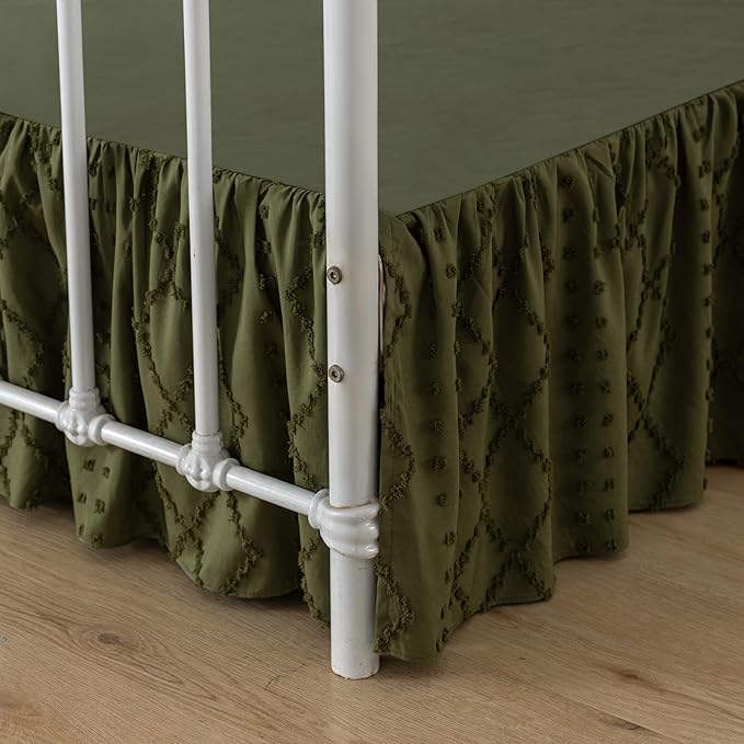 Bed Skirt Queen Size Ruffled Bed Skirt with Split Corners, 16 Inch Drop Dust Ruffle Bed Skirts with Platform, Boho Tufted Shabby Chic Queen Size Bed Skirts, Olive Green