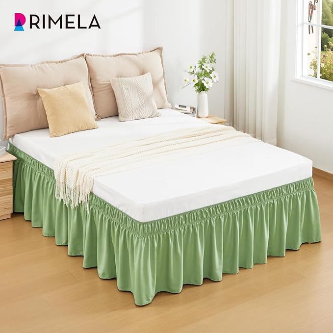 RIMELA Light Green Bed Skirt Twin Size 15 Inch Drop, Elastic Bed Skirting for Adjustable Bed Base and Frame, Bedding Dust Ruffle Easy to Install, Hotel Quality Wrap Around Bedskirt