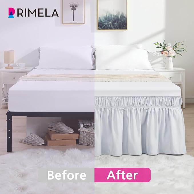 RIMELA Ice Grey Bed Skirt Queen Size 18 Inch Drop, Elastic Bed Skirting for Bed Base and Frame, Bedding Dust Ruffle Easy to Install, Lightweight Wrap Around Adjustable Bedskirt