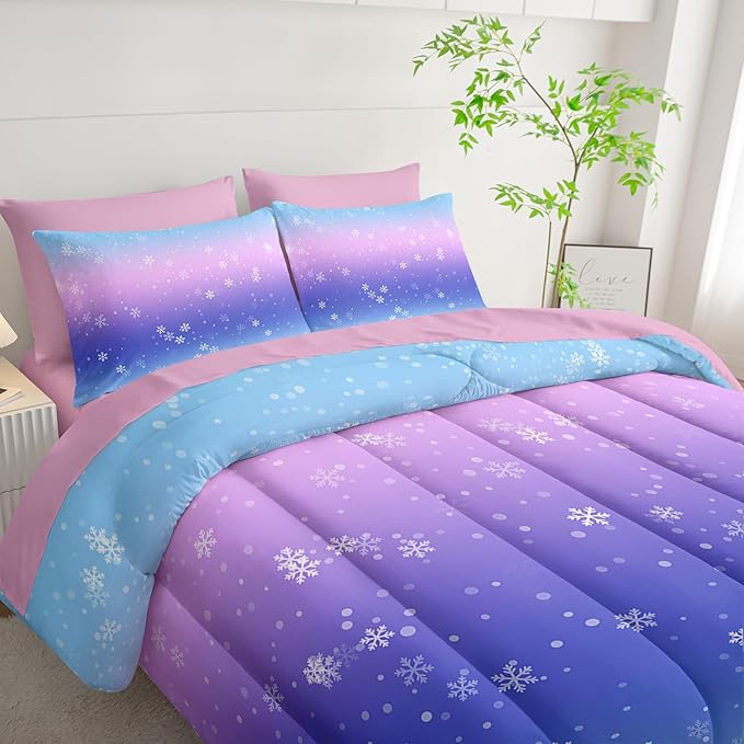 7 Piece Bed in a Bag Twin Size Comforter, Blue Purple Snowflake Quilt Set, Soft Pink Sheets, All Season Bedding Set, Microfiber