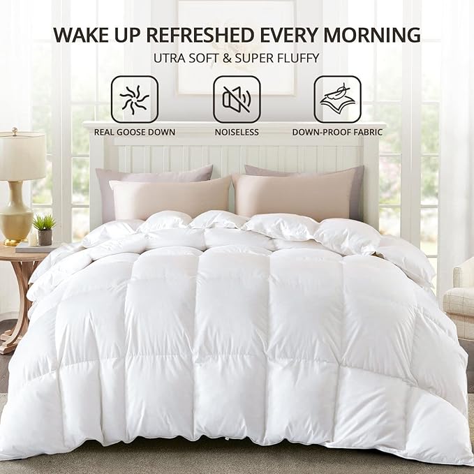 Globon Winter White Goose Down Comforter King Size,Down Duvet Insert, 800 Fill Power, 420 Thread Count,Ultra Soft Noiseless Shell with Corner Tabs, White