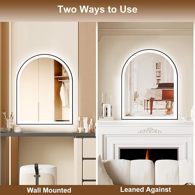 Arched LED Mirror for Bathroom 24"x30", Black Lighted Bathroom Mirror with Lights-Fogless, Dimmable, 3 Color Changing, Shatterproof, Touch Sensor