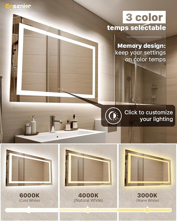 Ensenior LED Bathroom Mirror 60"x 40" with Front and Backlight, Stepless Dimmable Wall Mirrors with Anti-Fog, Shatter-Proof, Memory, 3 Colors, Modern LED Vanity Mirror- FCC