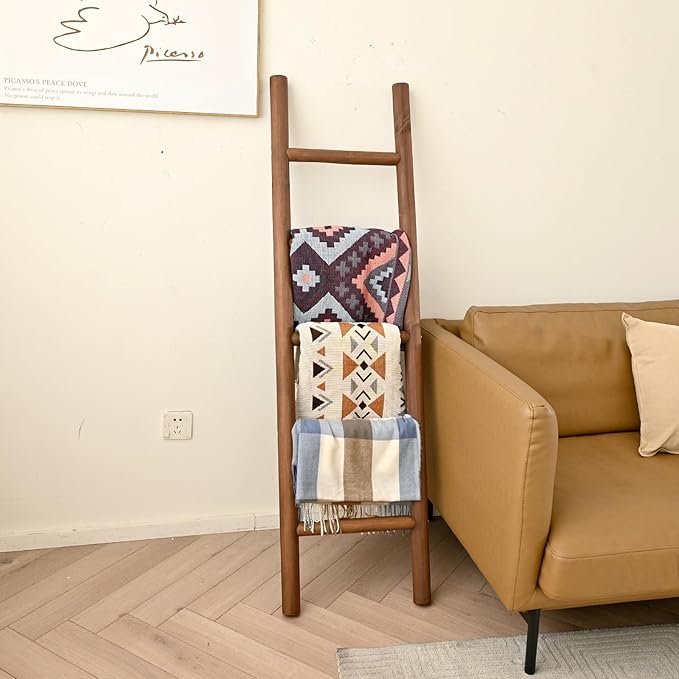 FUIN Fully Assembled 57in Wood Blanket Ladder Living Room Decorative Wall Leaning Farmhouse Quilt Display Holder Rustic Wooden Towel Rack for Bathroom, Dark Brown