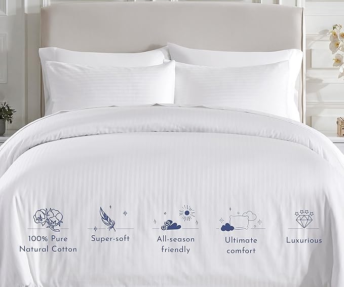California Design Den Stripe Duvet Cover Queen Size, 400 Thread Count Sateen 100% Cotton Comforter Cover, 2 Pillow Shams, 3-Pc Bedding Set, Button Closure, Corner Ties (White Stripes, Full/Queen)