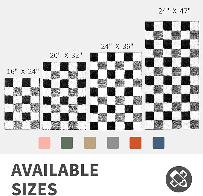CozeCube Bath mats for Bathroom Non Slip, Fluffy Absorbent Microfiber Bath mat Washable, Aesthetic Bathroom Rugs, Long Jet Black Checkered Bath Runner, Jet Black, 59" x 24"