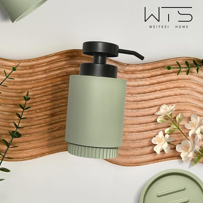 Resin Bathroom Accessories Set, 4 Pcs Modern Bathroom Accessory Set with Liquid Plastic Pump Lotion Soap Dispenser,2 Toothbrush Cup, Soap Dish Countertop Vanity Organizer(Sage Green)