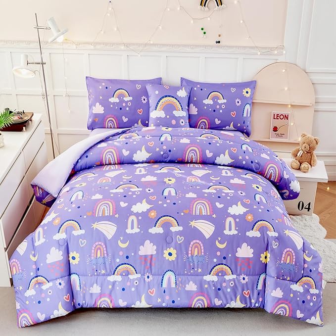 ANGIYUIN Purple Queen Size Comforter Set for Girls 6Pcs Kids Bed in A Bag Rainbow Bedding Comforter Set with Sheets Decorative Cloud, Love, Saleboat and Moon,Purple, Queen