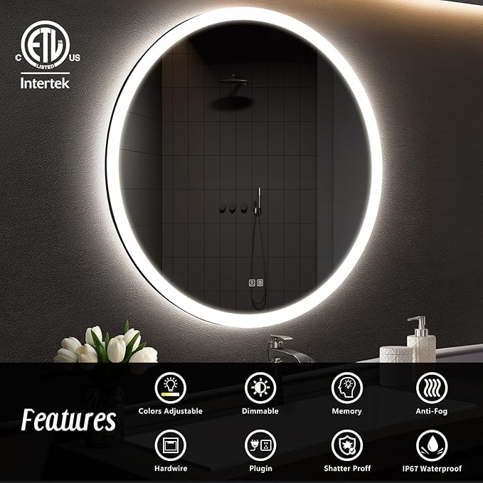 APRILSOUL 36 Inch Round LED Bathroom Vanity Mirror with Front and Backlit, Led Mirror with Anti-Fog, 3 Colors and Dimmable Light