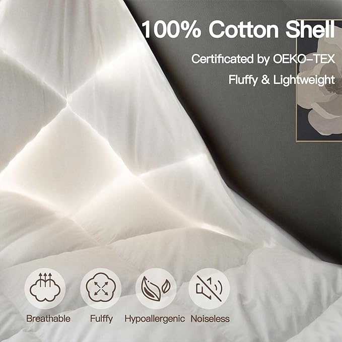Goose Down Fiber Comforter Queen Size, 100% Cotton Luxurious Hotel Duvet Insert for All Season, Fluffy and Cozy with 8 Corner Tabs Medium Warmth 90 x 90 Inch White