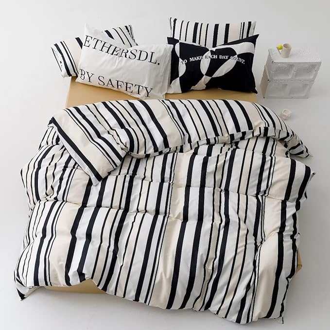 KAREVER Striped Comforter Set Full Black and White Comforter Men Women Modern Chic Stripes Bed Comforters Beige Black Striped Full Ticking Bedding Comforter Set All Season Hotel Quality Bed Set
