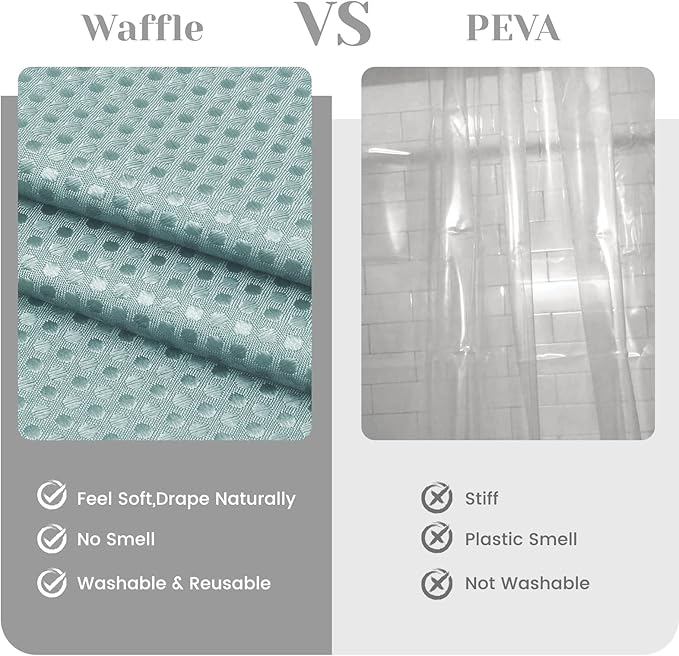 No Hook Shower Curtain with Snap in Liner Set Waffle Shower Curtain for Bathroom Hotel Style Fabric Waterproof Inner Liner，71" W x 74" H, Teal
