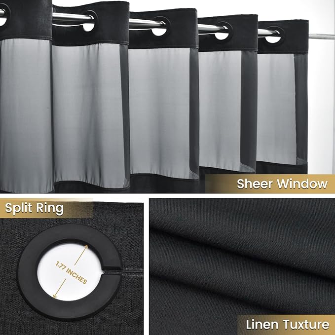 Small No Hook Shower Curtain with Snap in Liner, Polyester Textured Shower Curtain with Liner Set, Waterproof Washable Hotel Style Shower Curtains for Bathroom, 54Wx80H, Black