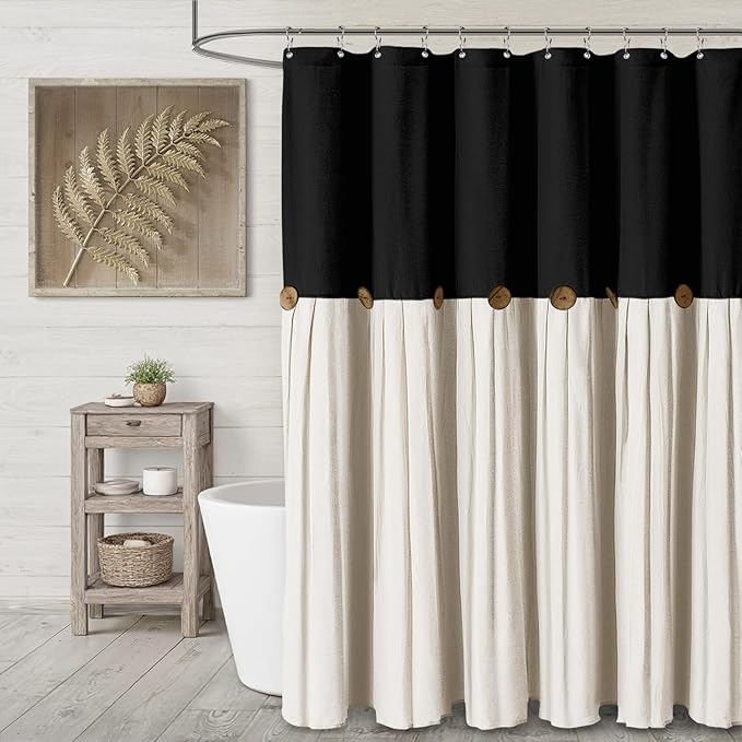 Farmhouse Shower Curtain Linen Bow Woven Fabric Country Rustic Western, Black & Cream 72" W x 72" L