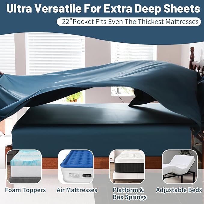 Extra Deep Pocket California King Sheets 18-24 Inch 1000 Thread Count 100% Egyptian Cotton Sateen Weave Soft Breathable 4 Pieces（California King,Navy）