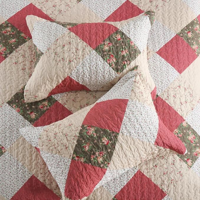 ENASAL Cotton Bedspread Quilt Bedding Sets Reversible Coverlet Sets Comforters Rose Floral Purple White Patchwork Pattern Bedspread for All Season, King Size