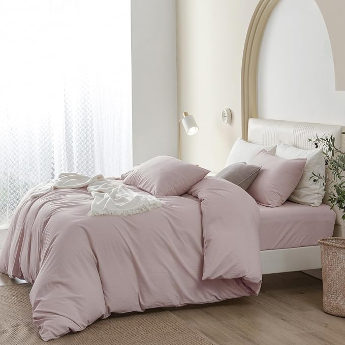 JIYUAN 100% Washed Cotton Duvet Cover Set 3 PCS Super King Plus, 1 Duvet Cover 120"x120" (Comforter Not Included) and 2 Pillowcases,Linen Feel Bedding Set Comfy and Breathable, Heathered Greyish Pink
