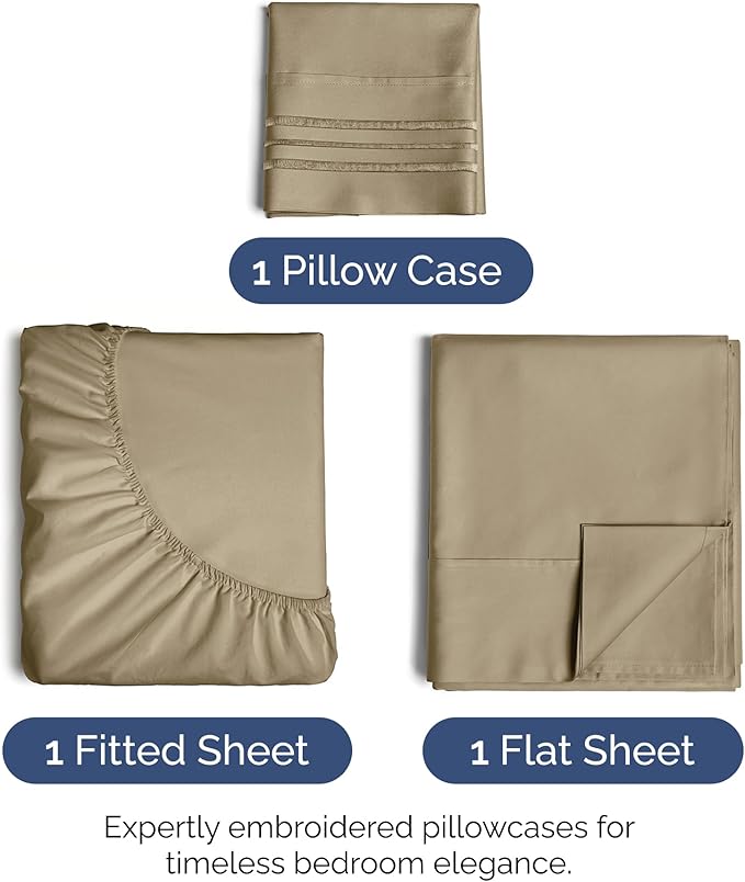 Twin XL Size 3 Piece Sheet Set - Extra Soft, Breathable and Cooling Sheets - Hotel Luxury Bed Sheets for Women & Men - Deep Pockets, Easy-Fit & Wrinkle-Free Sheets - Light Caramel Oeko-Tex Bed Sheets