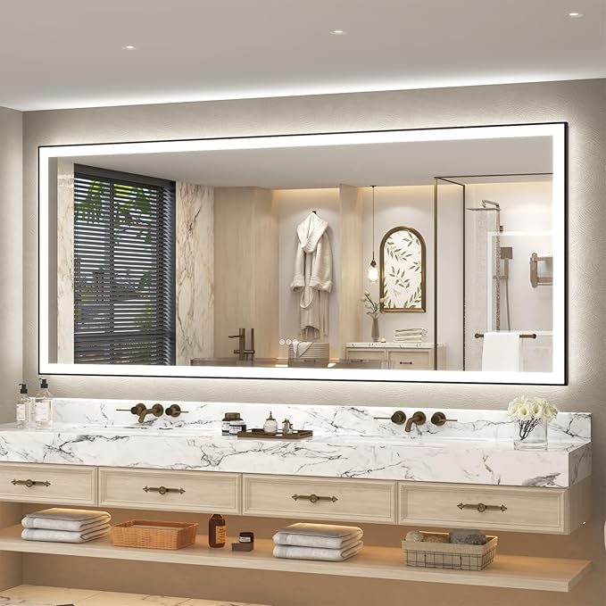 SMIROR 88x38 Black LED Mirror for Bathroom Wall, Big Lighted Vanity Mirrors with LED Lights, Dimmable, Anti-Fog, Memory, Shatterproof, ETL Listed (Backlit and Front Lit)