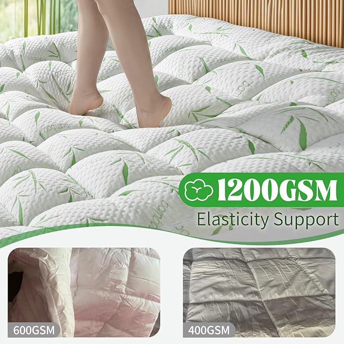 Mattress Topper Full Size,Viscose Made from Bamboo Pillow Top Mattress Topper,1200 GSM Cooling Mattress Pad,2In Extra Thick Pillow Top for Back Pain with 8"-18" Deep Pocket(54"x75")