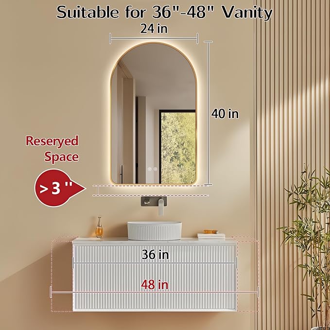 Niccy Arched LED Lighted Bathroom Mirror, 40x24 Inch Backlit Vanity Bathroom Mirror with Lights Brushed Gold Framed Wall Mounted Mirrors with 3 Color Shatterproof Arch Smart Fog Free Mirror