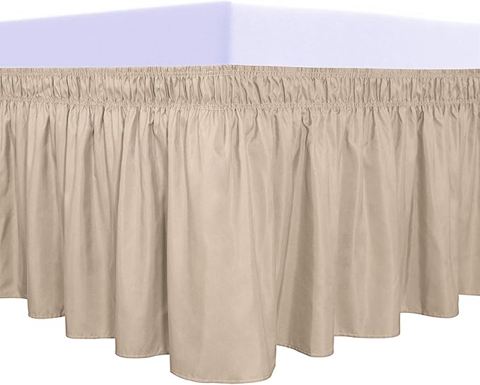 PureFit Wrap Around Ruffled Bed Skirt with Adjustable Elastic Belt - 14 Inch Drop Easy to Put On, Wrinkle Free Bedskirt Dust Ruffles, Bed Frame Cover for Twin, Twin XL and Full Size Beds, Beige