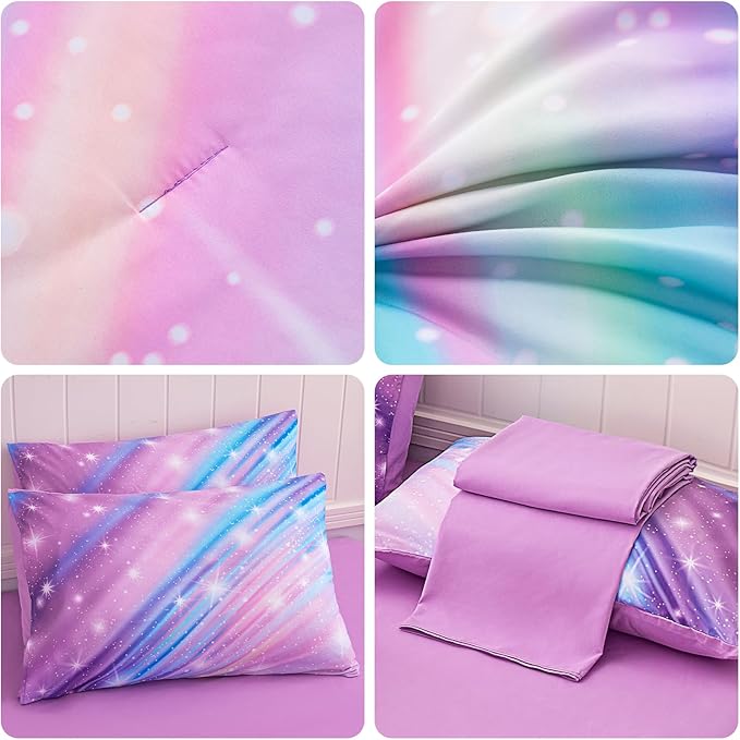 Rainbow Bedding Set Full Size – 7 Piece Reversible Girls Comforter with Deep-Pocket Sheet, Gradient Galaxy Design, Whole-Piece Filling, Machine Washable Bed-in-a-Bag for Kids Room Makeover & Gifts